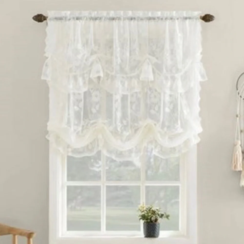 918 Alison Floral Lace Sheer Rod Pocket Window Tie-up Shade; 3 Single Panels
